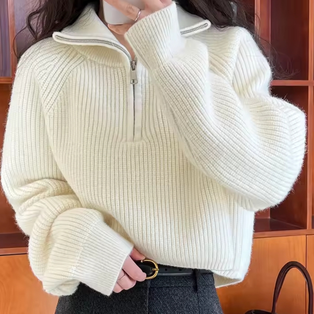 100% cashmere semi-turtleneck zipper red knitwear women's - Picture 1 of 10